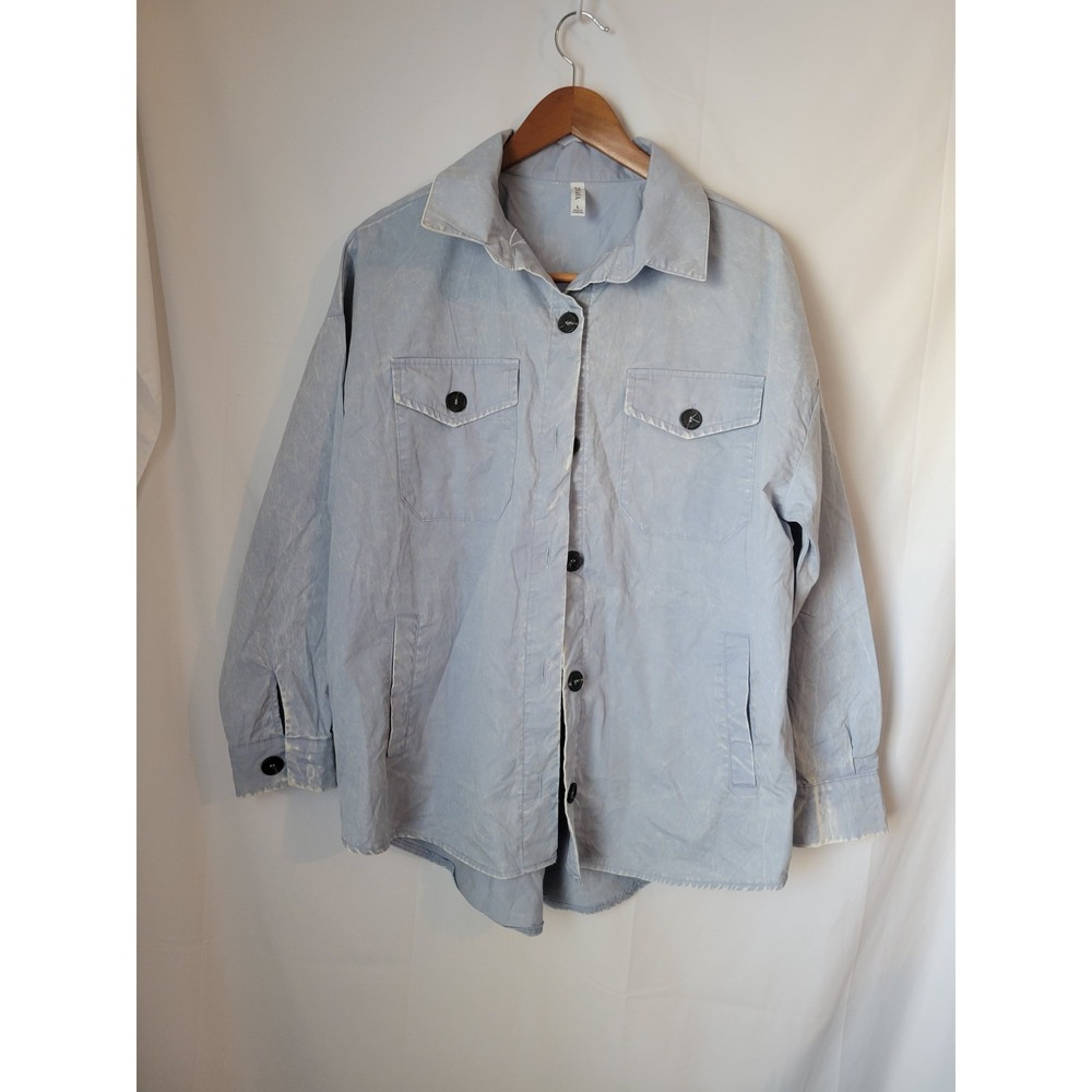 ZENANA Women's Washed Blue Shacket Button Up Oversized Shirt Jacket Size L